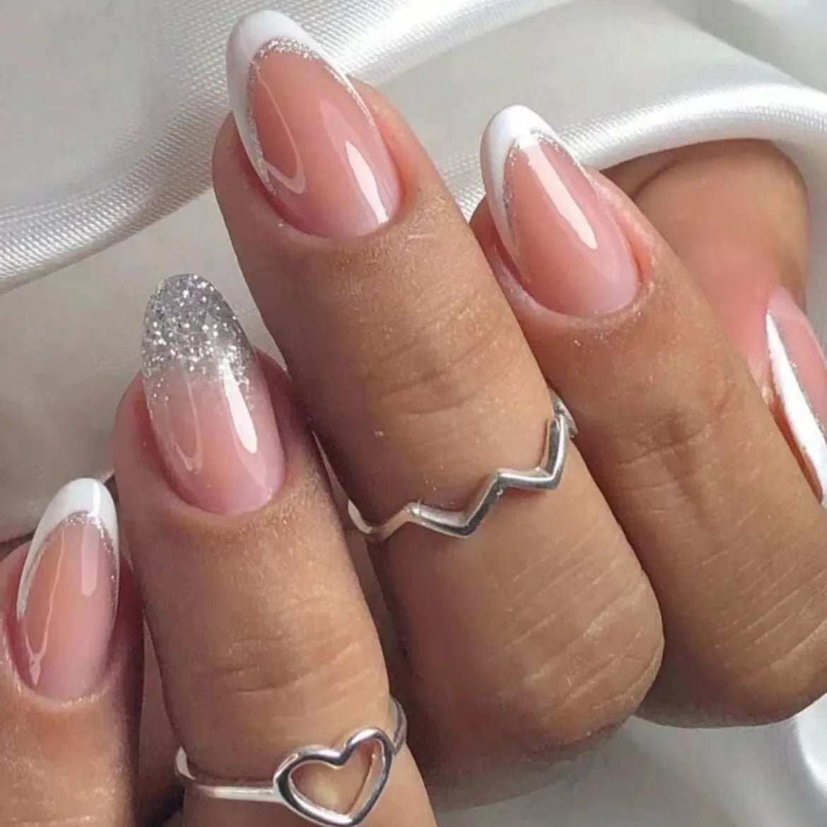 24PCS Pink Glitter French Press - On Nails Short Almond False Nails Glitter Full Cover Gloss Reusable Nails for Women - Hands of Hope