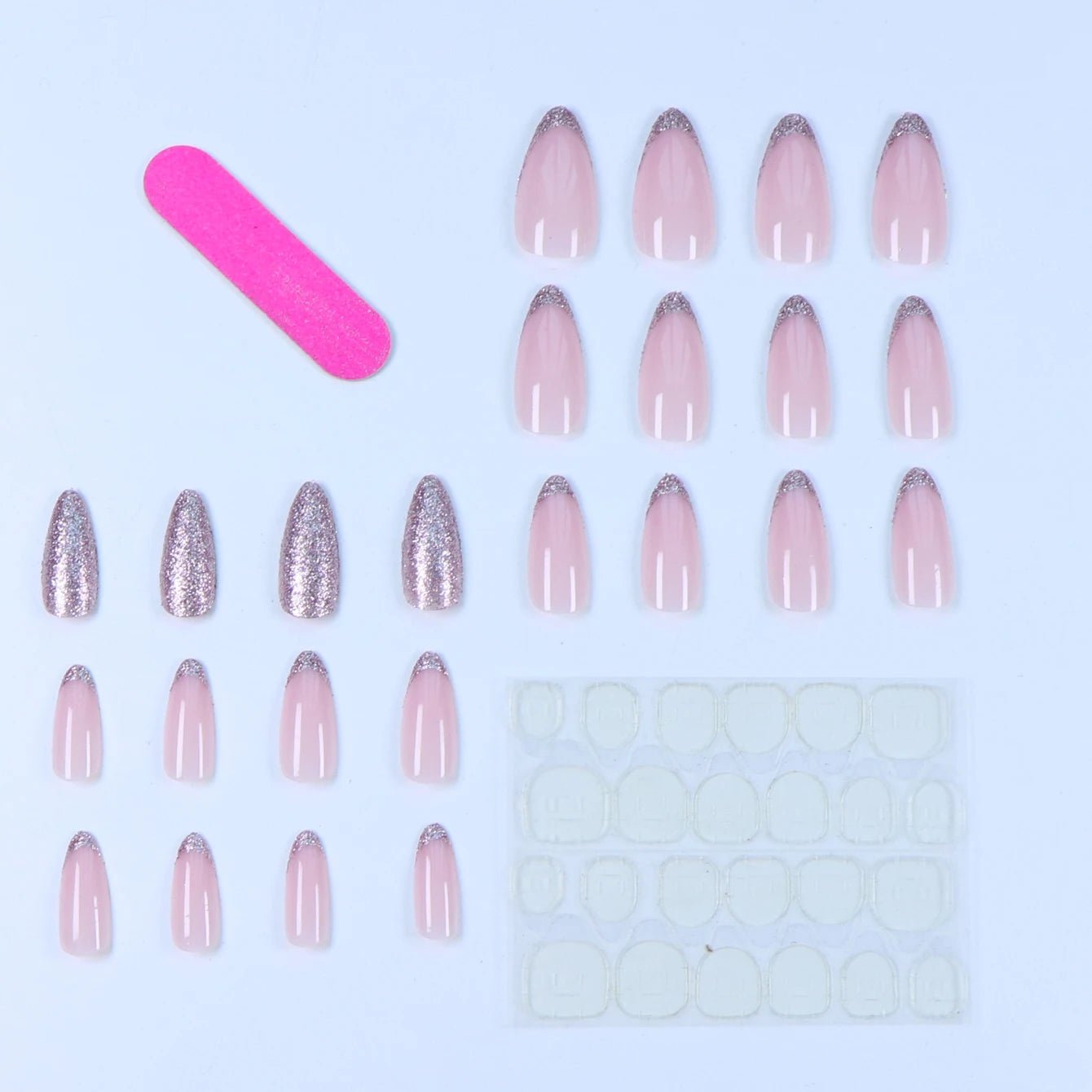 24PCS Pink Glitter French Press - On Nails Short Almond False Nails Glitter Full Cover Gloss Reusable Nails for Women - Hands of Hope
