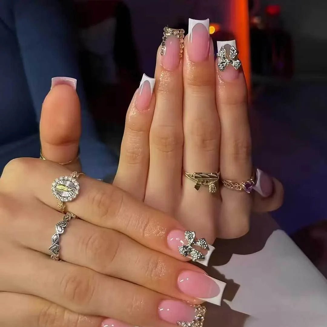 24Pcs Pure White French Press on Nails Long Square Head False Nails with Pearl Pink Bow Design Ballet Wearable Fake Nails - Hands of Hope