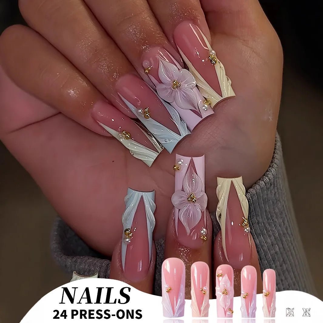 24Pcs Pure White French Press on Nails Long Square Head False Nails with Pearl Pink Bow Design Ballet Wearable Fake Nails - Hands of Hope