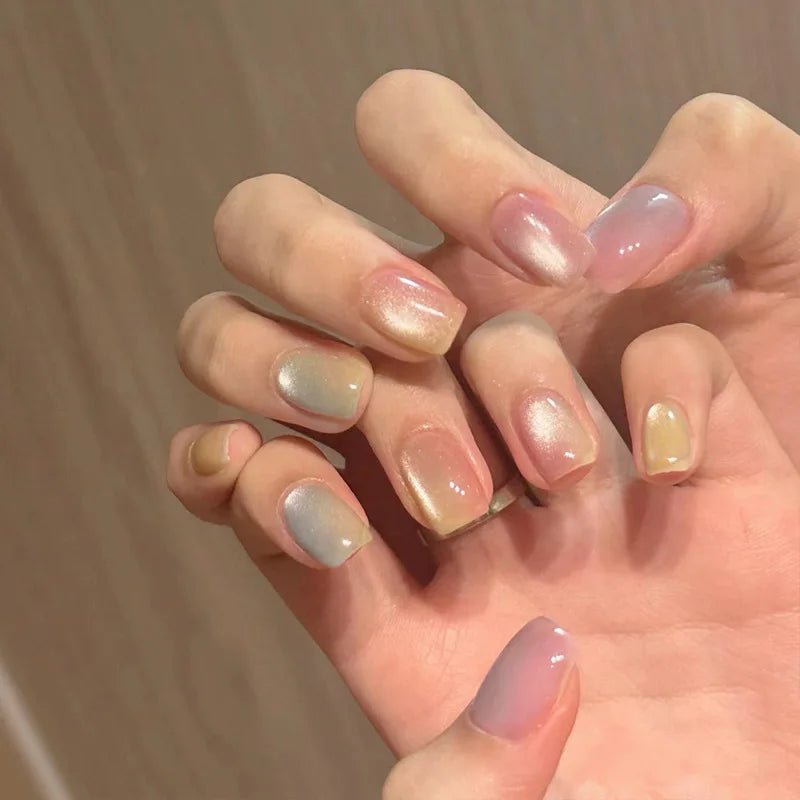 24Pcs Rainbow Color Glow Cat Eye Press on False Nails with Glue Glitter Short Square Nails Sweet Cool Gradient Summer Fake Nails - Hands of Hope