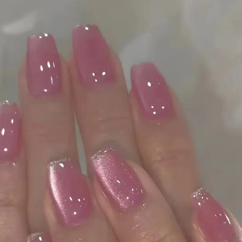 24Pcs Rainbow Color Glow Cat Eye Press on False Nails with Glue Glitter Short Square Nails Sweet Cool Gradient Summer Fake Nails - Hands of Hope