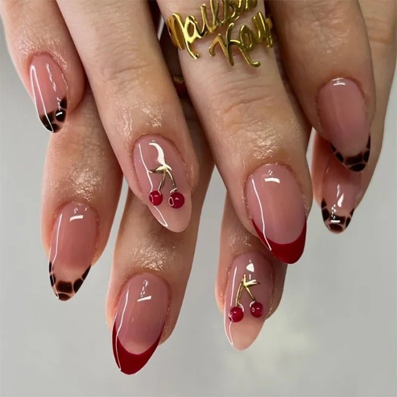 24pcs Red Almond False Nails Art Pearl Cherry Design Stick on Nail Tip Datachable French Leopard Print Short Press on Fake Nails - Hands of Hope