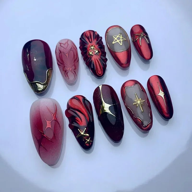 24pcs Red Almond False Nails Art Pearl Cherry Design Stick on Nail Tip Datachable French Leopard Print Short Press on Fake Nails - Hands of Hope