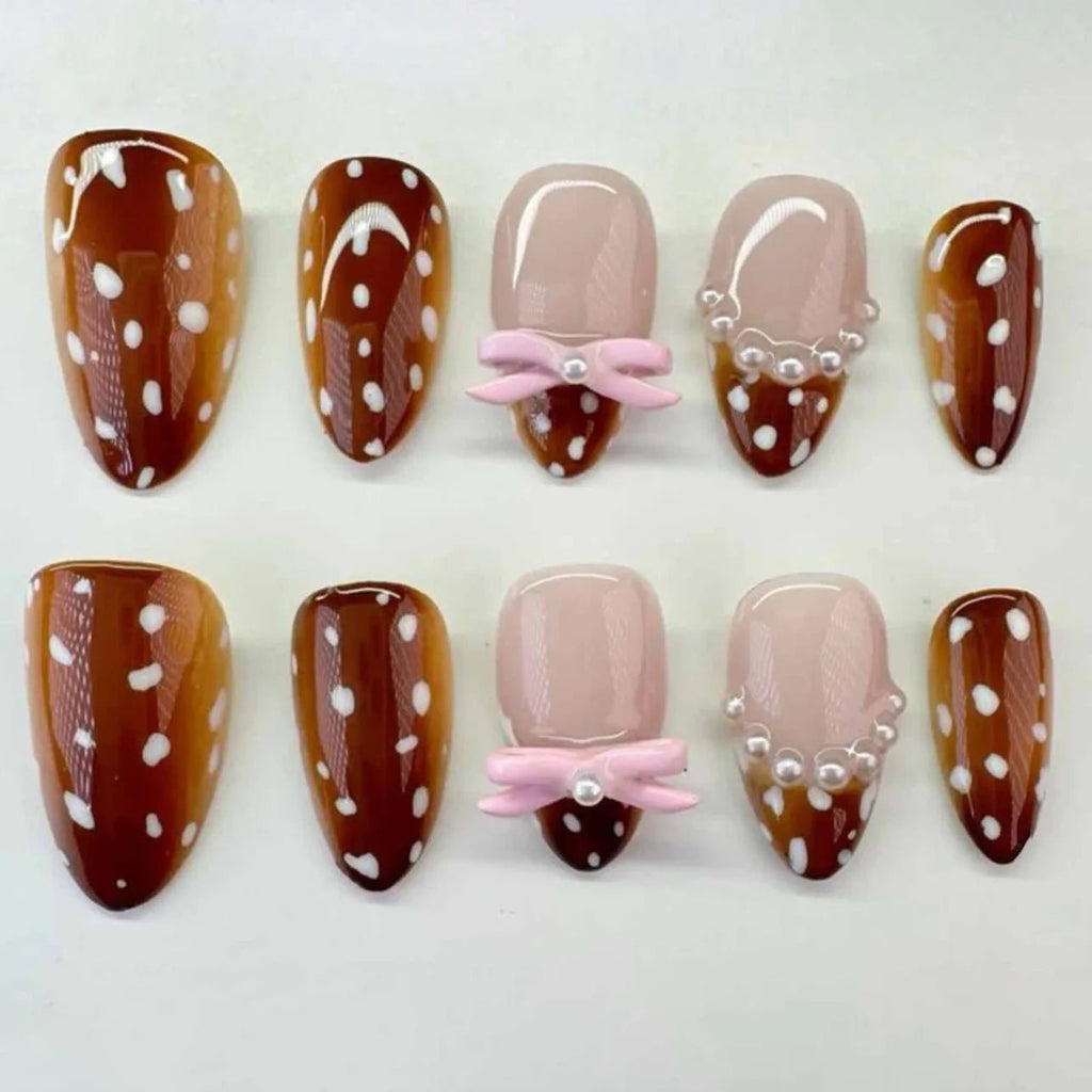 24pcs Red Almond False Nails Art Pearl Cherry Design Stick on Nail Tip Datachable French Leopard Print Short Press on Fake Nails - Hands of Hope