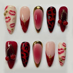 24pcs Red Almond False Nails Art Pearl Cherry Design Stick on Nail Tip Datachable French Leopard Print Short Press on Fake Nails - Hands of Hope