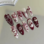 24pcs Red Almond False Nails Art Pearl Cherry Design Stick on Nail Tip Datachable French Leopard Print Short Press on Fake Nails - Hands of Hope