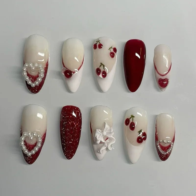24pcs Red Almond False Nails Art Pearl Cherry Design Stick on Nail Tip Datachable French Leopard Print Short Press on Fake Nails - Hands of Hope