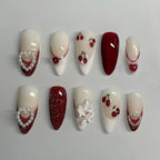 24pcs Red Almond False Nails Art Pearl Cherry Design Stick on Nail Tip Datachable French Leopard Print Short Press on Fake Nails - Hands of Hope