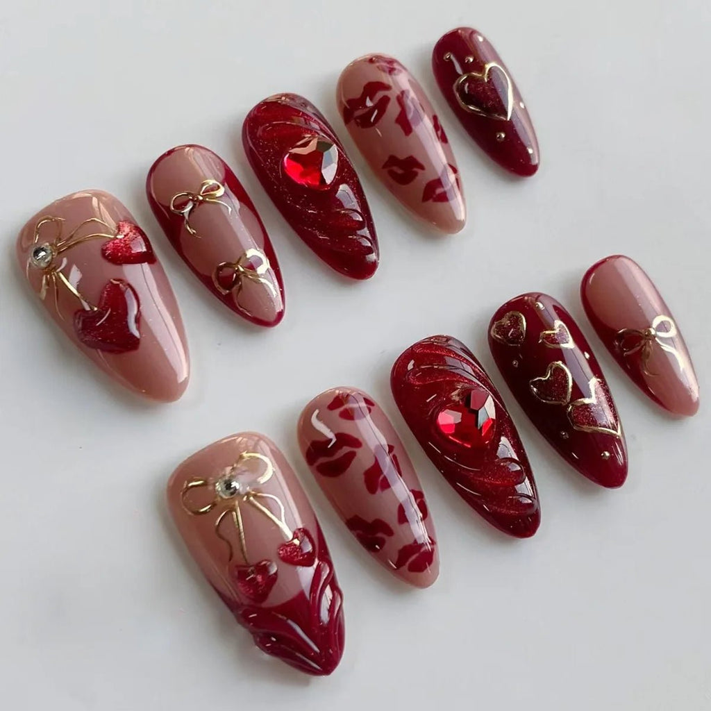 24pcs Red Almond False Nails Art Pearl Cherry Design Stick on Nail Tip Datachable French Leopard Print Short Press on Fake Nails - Hands of Hope