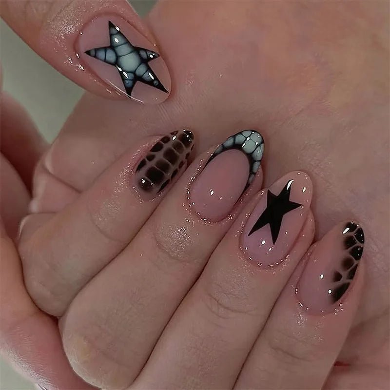 24pcs Red Almond False Nails Art Pearl Cherry Design Stick on Nail Tip Datachable French Leopard Print Short Press on Fake Nails - Hands of Hope