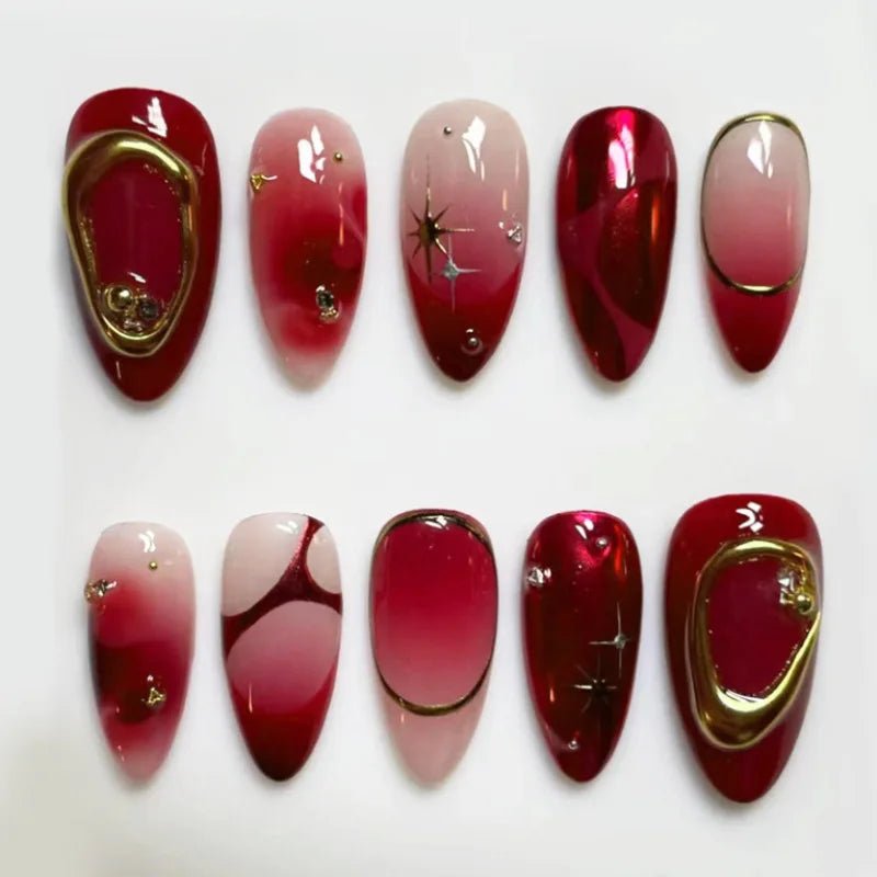 24pcs Red Almond False Nails Art Pearl Cherry Design Stick on Nail Tip Datachable French Leopard Print Short Press on Fake Nails - Hands of Hope