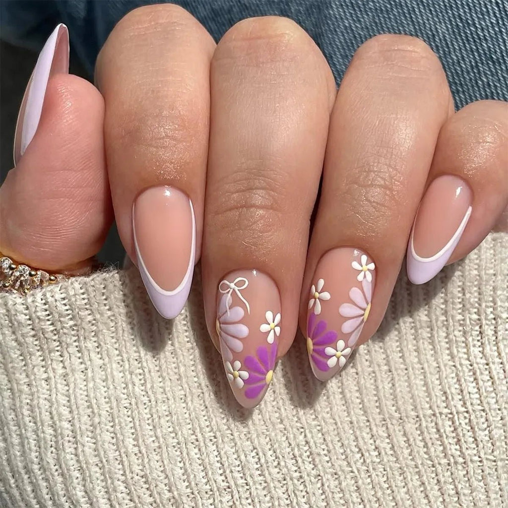 24PCS Retro Blue Simple Flowers Almond Press on Nails Full Cover Glossy White French Nail Golden Steel Ball Fake Nails for Women - Hands of Hope