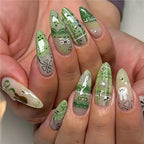 24PCS Retro Blue Simple Flowers Almond Press on Nails Full Cover Glossy White French Nail Golden Steel Ball Fake Nails for Women - Hands of Hope