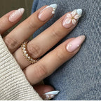 24PCS Retro Blue Simple Flowers Almond Press on Nails Full Cover Glossy White French Nail Golden Steel Ball Fake Nails for Women - Hands of Hope