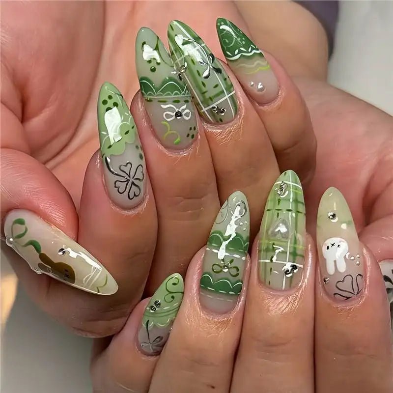 24PCS Retro Blue Simple Flowers Almond Press on Nails Full Cover Glossy White French Nail Golden Steel Ball Fake Nails for Women - Hands of Hope