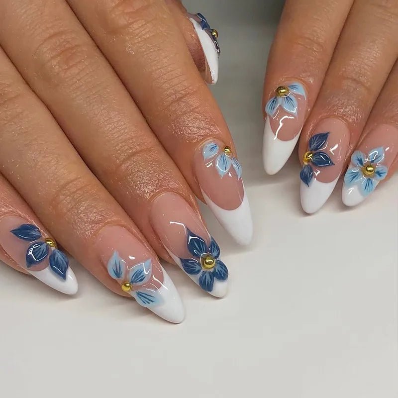 24PCS Retro Blue Simple Flowers Almond Press on Nails Full Cover Glossy White French Nail Golden Steel Ball Fake Nails for Women - Hands of Hope