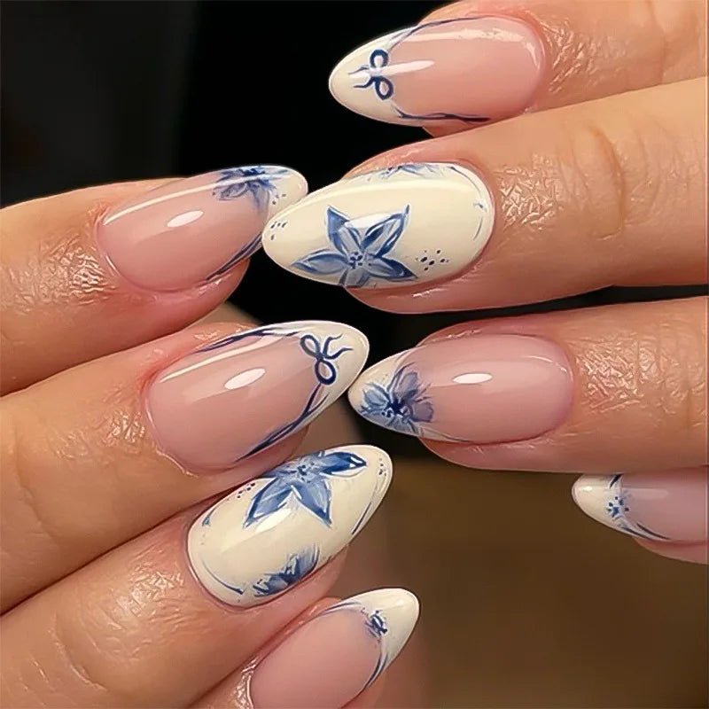 24PCS Retro Blue Simple Flowers Almond Press on Nails Full Cover Glossy White French Nail Golden Steel Ball Fake Nails for Women - Hands of Hope