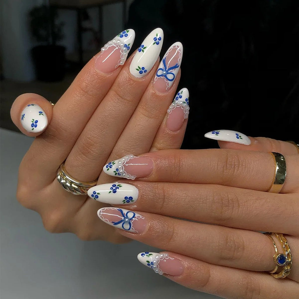 24PCS Retro Blue Simple Flowers Almond Press on Nails Full Cover Glossy White French Nail Golden Steel Ball Fake Nails for Women - Hands of Hope