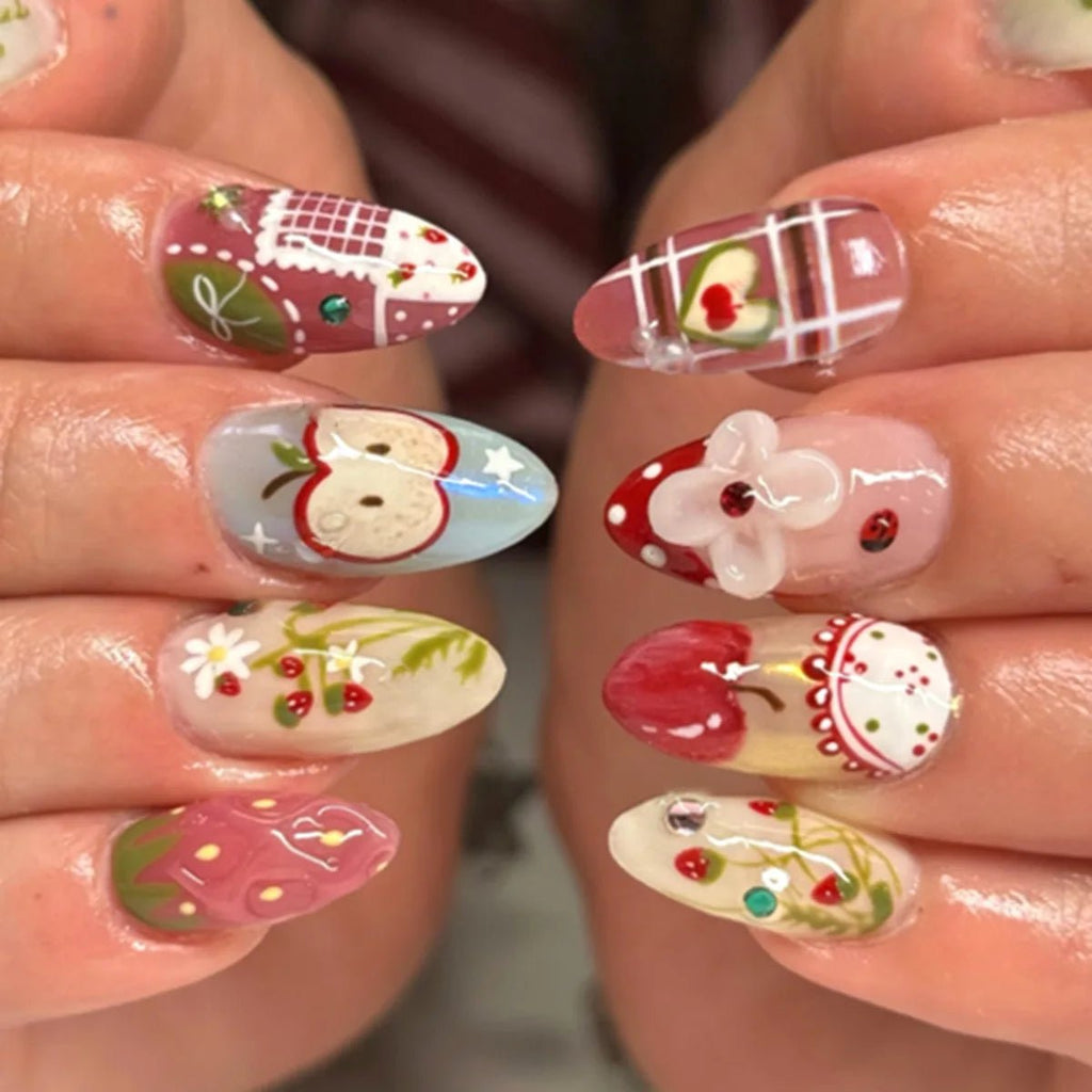 24PCS Retro Blue Simple Flowers Almond Press on Nails Full Cover Glossy White French Nail Golden Steel Ball Fake Nails for Women - Hands of Hope