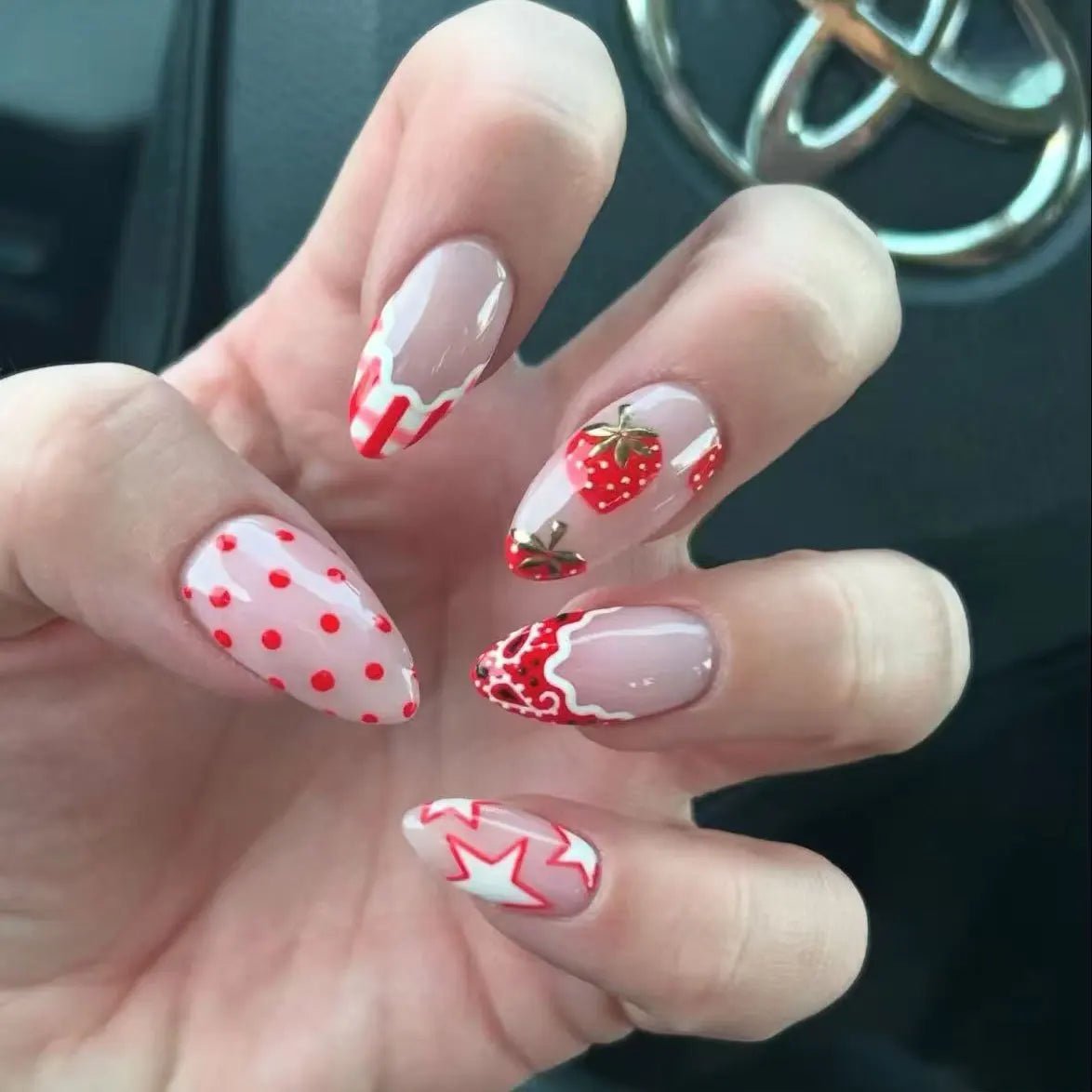 24PCS Retro Blue Simple Flowers Almond Press on Nails Full Cover Glossy White French Nail Golden Steel Ball Fake Nails for Women - Hands of Hope