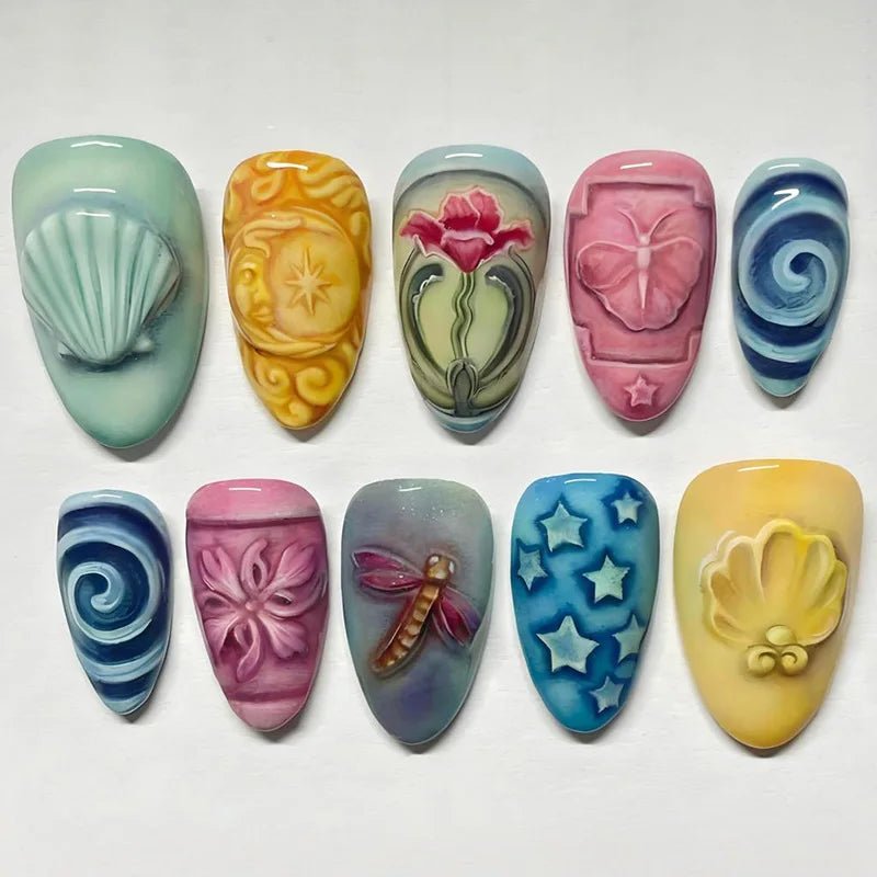 24PCS Retro Blue Simple Flowers Almond Press on Nails Full Cover Glossy White French Nail Golden Steel Ball Fake Nails for Women - Hands of Hope