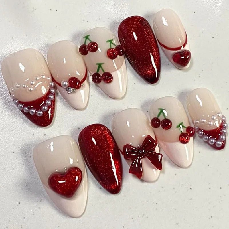 24PCS Retro Blue Simple Flowers Almond Press on Nails Full Cover Glossy White French Nail Golden Steel Ball Fake Nails for Women - Hands of Hope