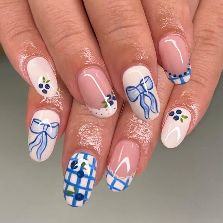 24PCS Retro Blue Simple Flowers Almond Press on Nails Full Cover Glossy White French Nail Golden Steel Ball Fake Nails for Women - Hands of Hope