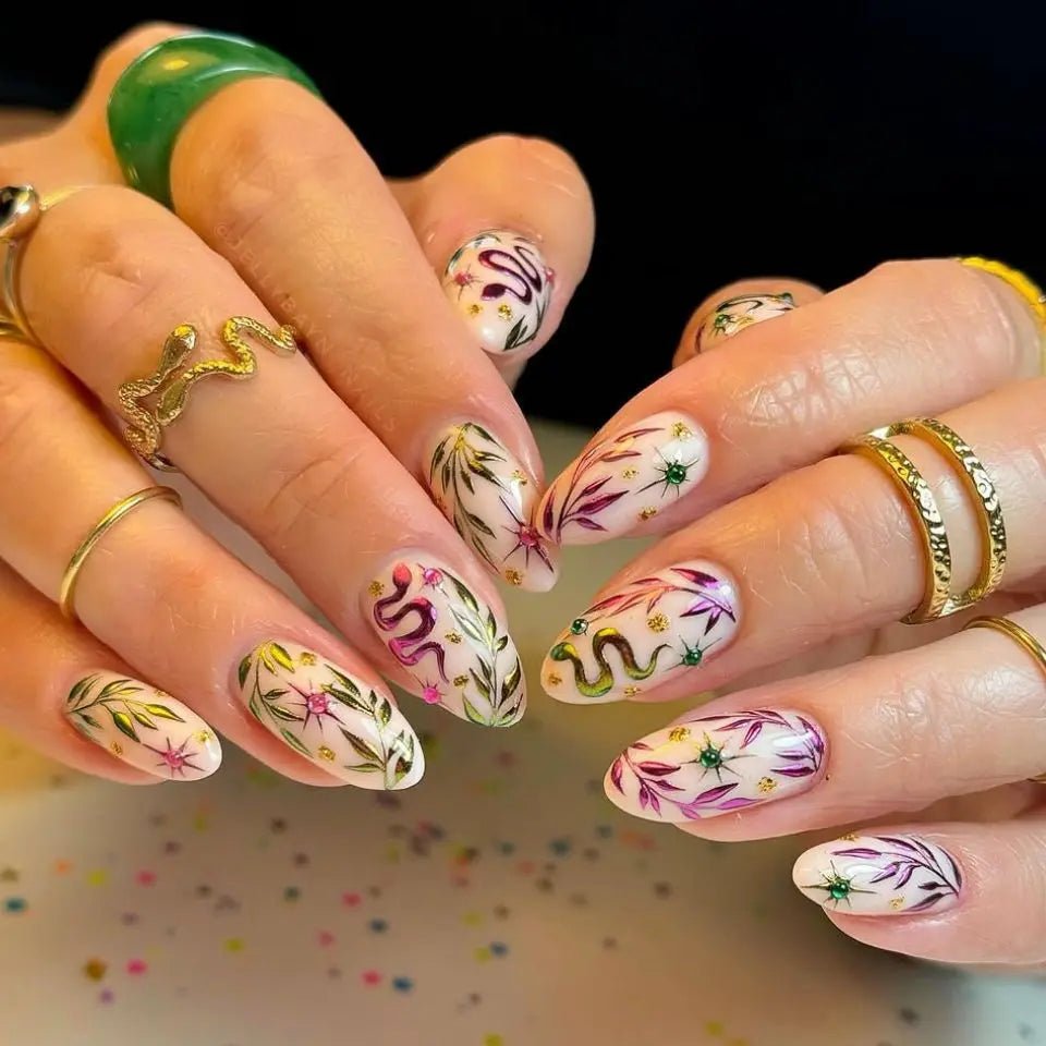 24PCS Retro Blue Simple Flowers Almond Press on Nails Full Cover Glossy White French Nail Golden Steel Ball Fake Nails for Women - Hands of Hope