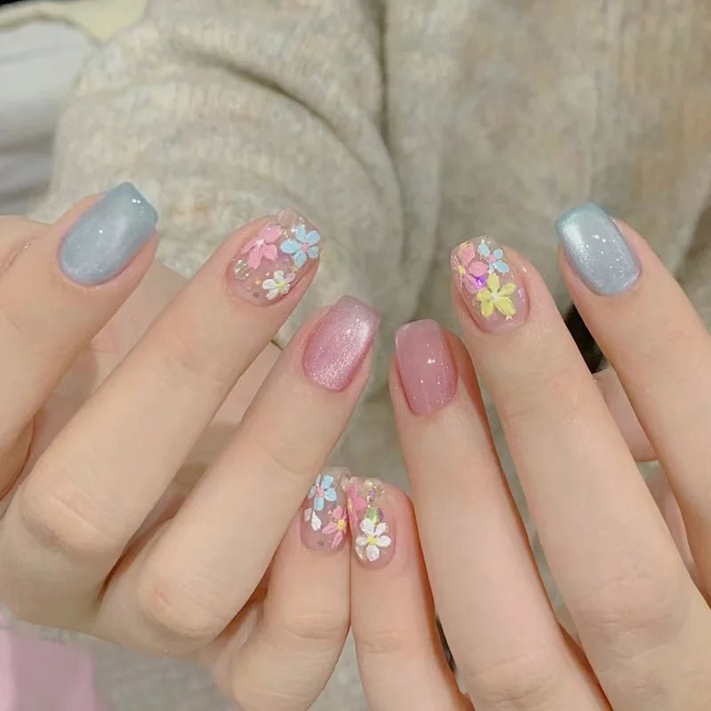 24Pcs Short Almond Press - On Nails Pink Floral French Tip Glossy&Elegant Full Cover Fake Nails for Women&Girls Spring,Daily Wear - Hands of Hope