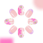 24Pcs Short Almond Press - On Nails Pink Floral French Tip Glossy&Elegant Full Cover Fake Nails for Women&Girls Spring,Daily Wear - Hands of Hope