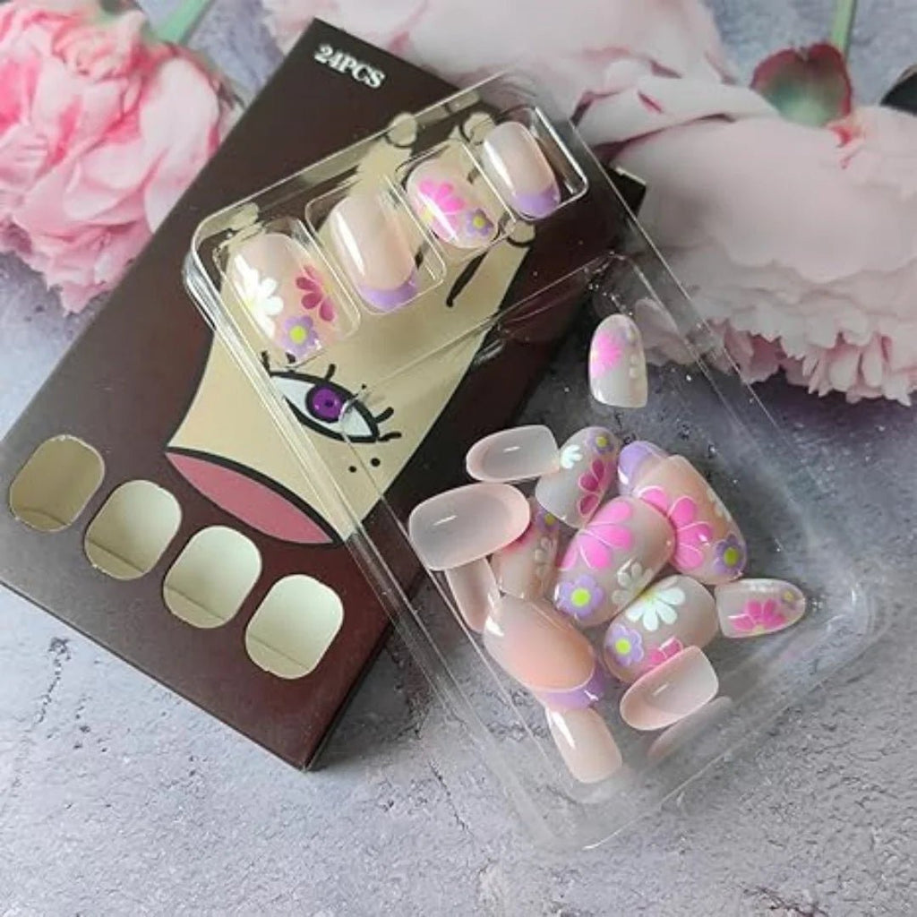 24Pcs Short Almond Press - On Nails Pink Floral French Tip Glossy&Elegant Full Cover Fake Nails for Women&Girls Spring,Daily Wear - Hands of Hope