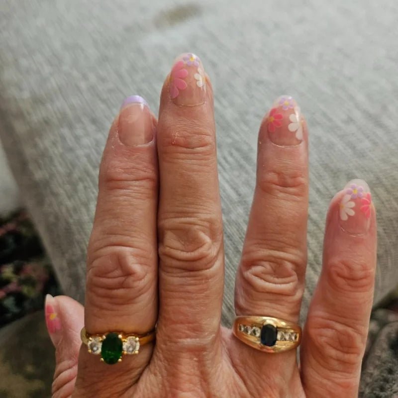 24Pcs Short Almond Press - On Nails Pink Floral French Tip Glossy&Elegant Full Cover Fake Nails for Women&Girls Spring,Daily Wear - Hands of Hope