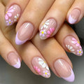 24Pcs Short Almond Press - On Nails Pink Floral French Tip Glossy&Elegant Full Cover Fake Nails for Women&Girls Spring,Daily Wear - Hands of Hope