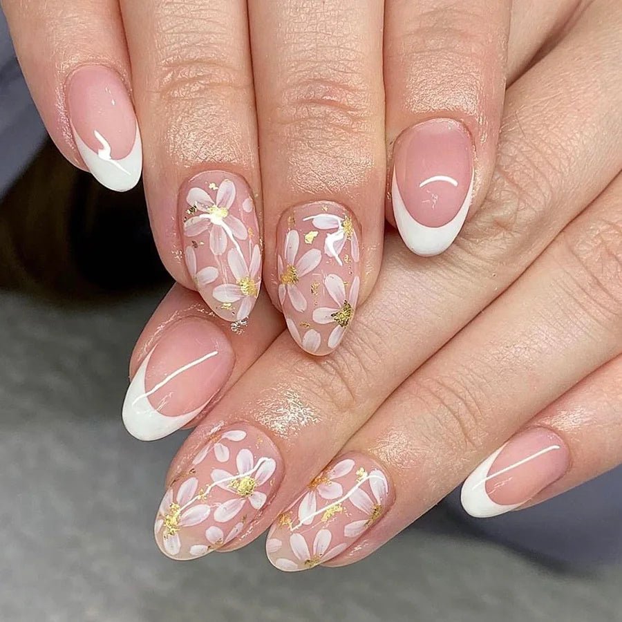 24Pcs Short Almond Press - On Nails Pink Floral French Tip Glossy&Elegant Full Cover Fake Nails for Women&Girls Spring,Daily Wear - Hands of Hope