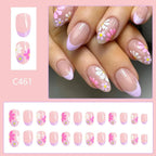 24Pcs Short Almond Press - On Nails Pink Floral French Tip Glossy&Elegant Full Cover Fake Nails for Women&Girls Spring,Daily Wear - Hands of Hope