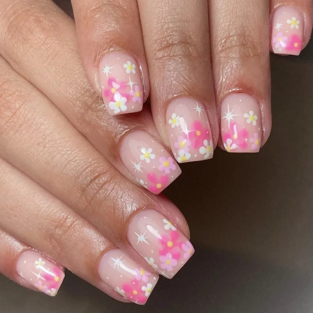 24Pcs Short Almond Press - On Nails Pink Floral French Tip Glossy&Elegant Full Cover Fake Nails for Women&Girls Spring,Daily Wear - Hands of Hope