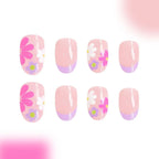 24Pcs Short Almond Press - On Nails Pink Floral French Tip Glossy&Elegant Full Cover Fake Nails for Women&Girls Spring,Daily Wear - Hands of Hope