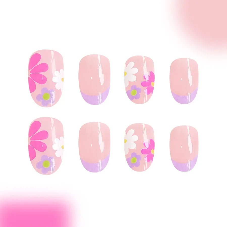 24Pcs Short Almond Press - On Nails Pink Floral French Tip Glossy&Elegant Full Cover Fake Nails for Women&Girls Spring,Daily Wear - Hands of Hope