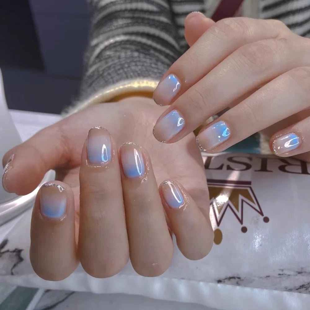 24Pcs Short Round Fake Nails Cat Eye Nail Design Glitter Detachable False Nail Solid Color Full Cover Acrylic Press on Nail Tips - Hands of Hope