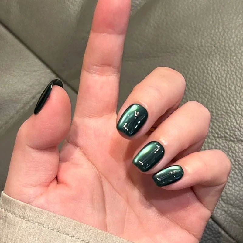 24Pcs Short Round Fake Nails Cat Eye Nail Design Glitter Detachable False Nail Solid Color Full Cover Acrylic Press on Nail Tips - Hands of Hope