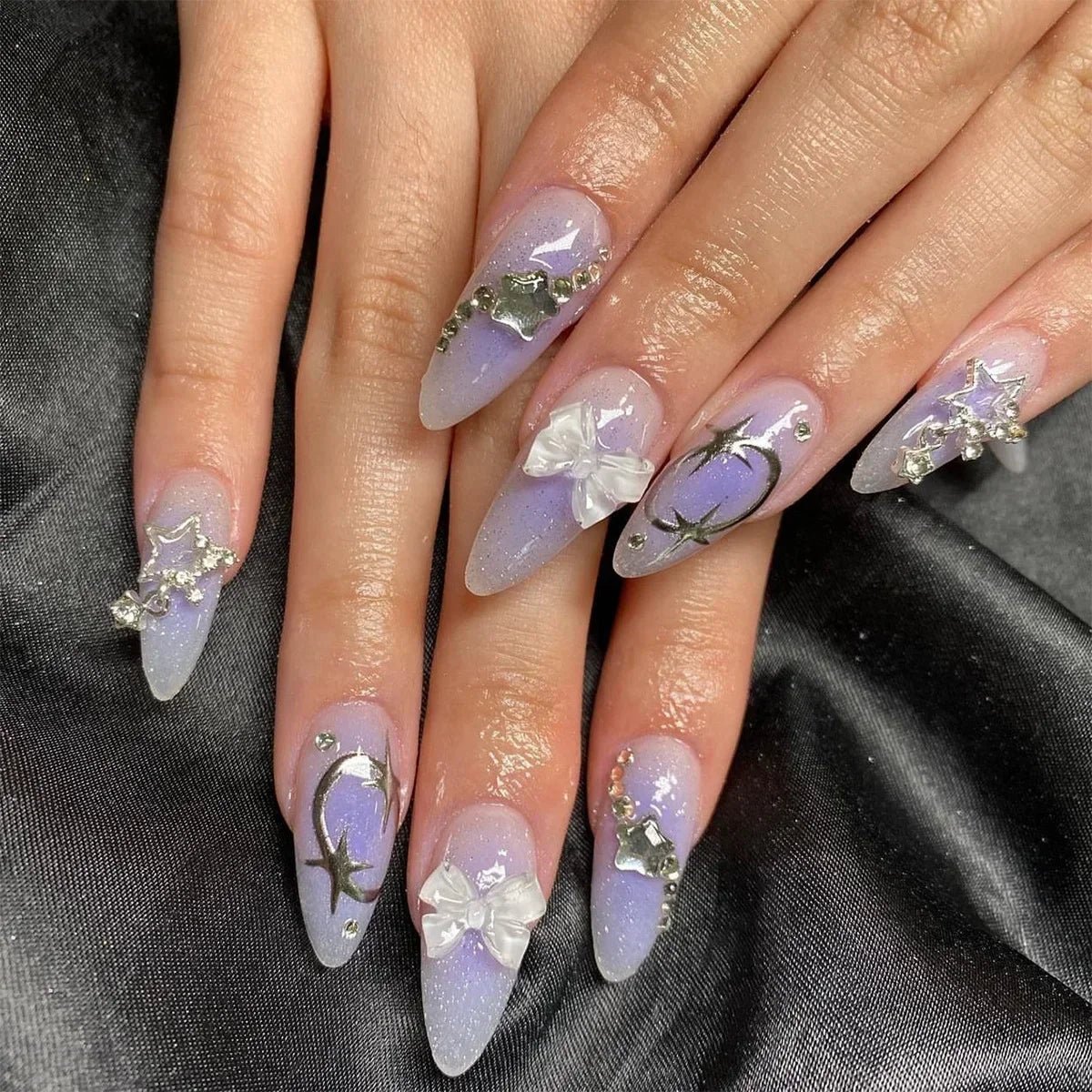 24Pcs Short Round Head Almond Fake Nails with Flowers Grass Pattern Wearable False Nails Tips Summer Full Cover Press on Nails - Hands of Hope