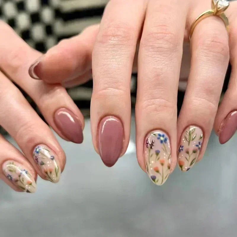 24Pcs Short Round Head Almond Fake Nails with Flowers Grass Pattern Wearable False Nails Tips Summer Full Cover Press on Nails - Hands of Hope