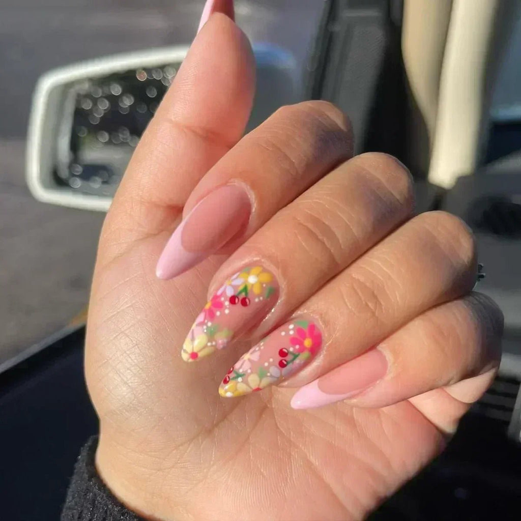 24Pcs Short Round Head Almond Fake Nails with Flowers Grass Pattern Wearable False Nails Tips Summer Full Cover Press on Nails - Hands of Hope
