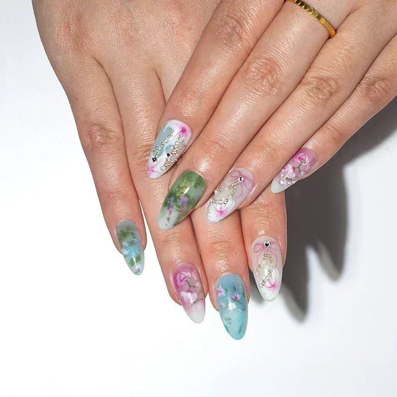 24Pcs Short Round Head Almond Fake Nails with Flowers Grass Pattern Wearable False Nails Tips Summer Full Cover Press on Nails - Hands of Hope