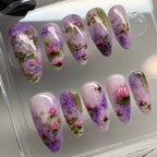 24Pcs Short Round Head Almond Fake Nails with Flowers Grass Pattern Wearable False Nails Tips Summer Full Cover Press on Nails - Hands of Hope