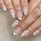 24Pcs Short Round Head Almond Fake Nails with Flowers Grass Pattern Wearable False Nails Tips Summer Full Cover Press on Nails - Hands of Hope