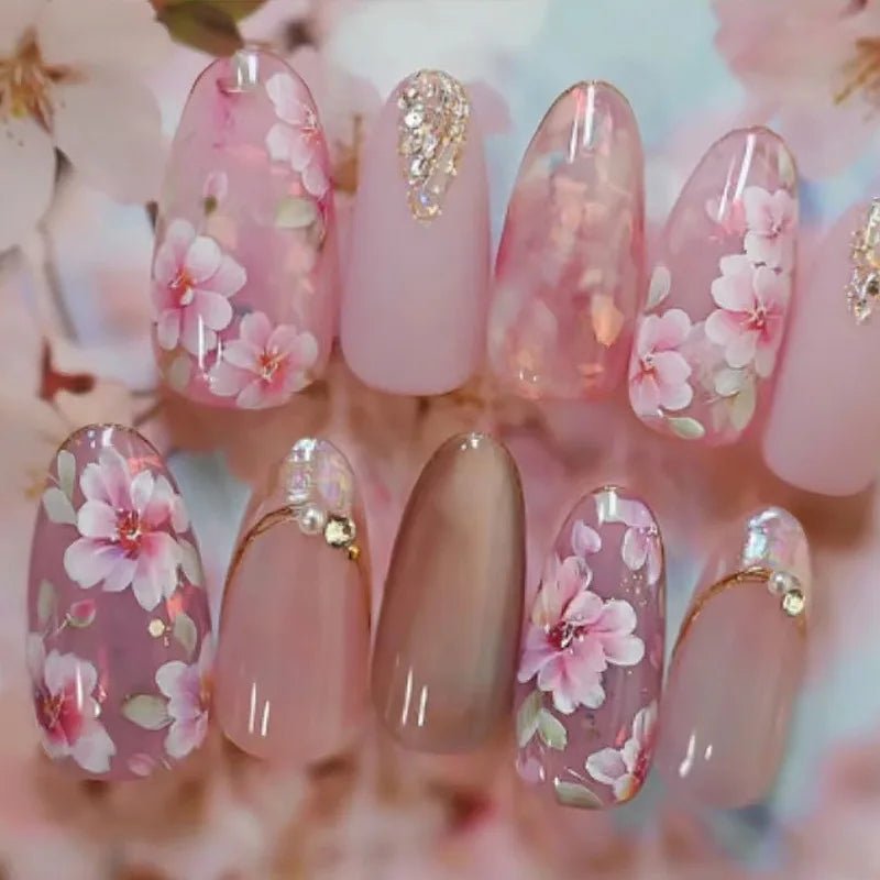 24Pcs Short Round Head Almond Fake Nails with Flowers Grass Pattern Wearable False Nails Tips Summer Full Cover Press on Nails - Hands of Hope