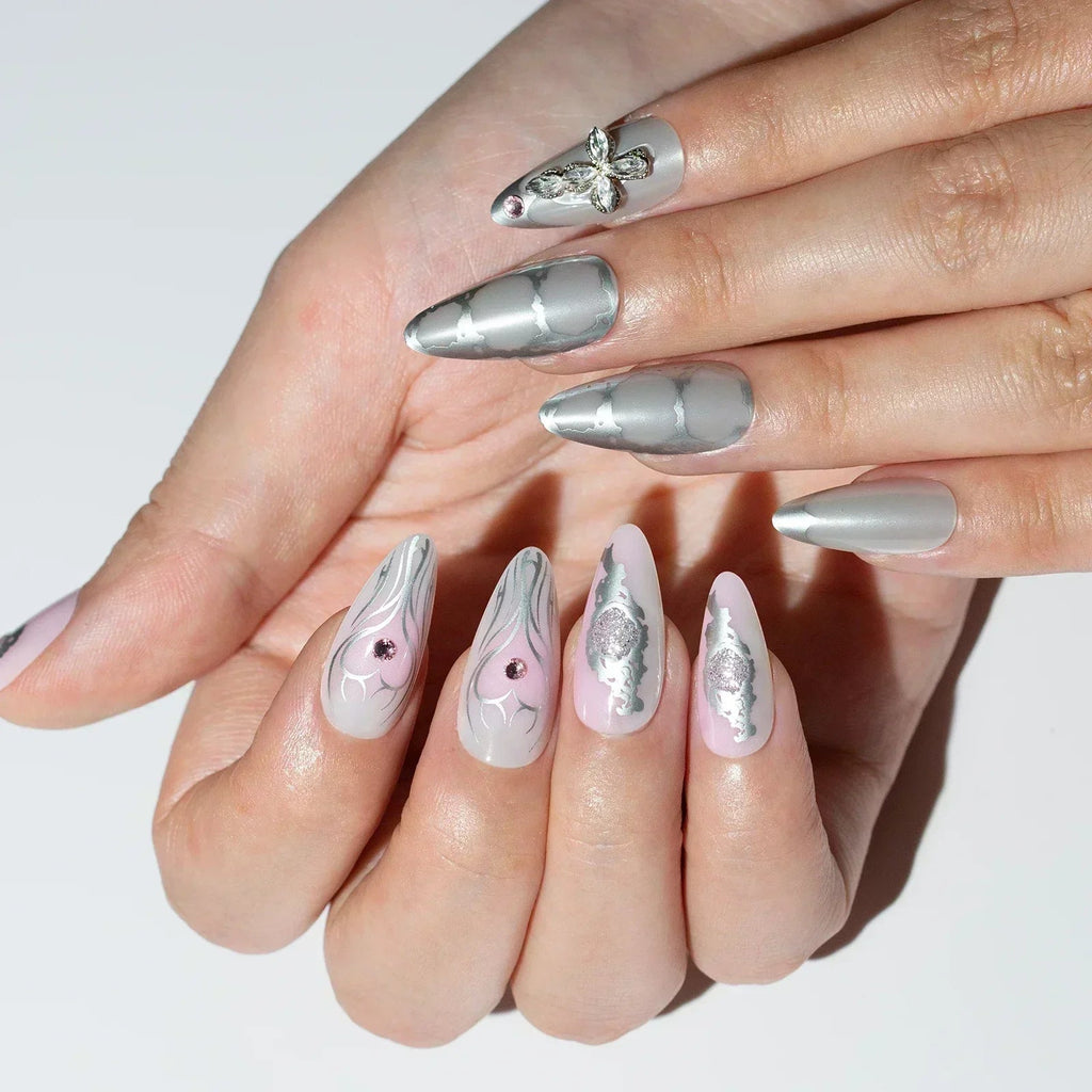 24Pcs Short Round Head Almond Fake Nails with Flowers Grass Pattern Wearable False Nails Tips Summer Full Cover Press on Nails - Hands of Hope