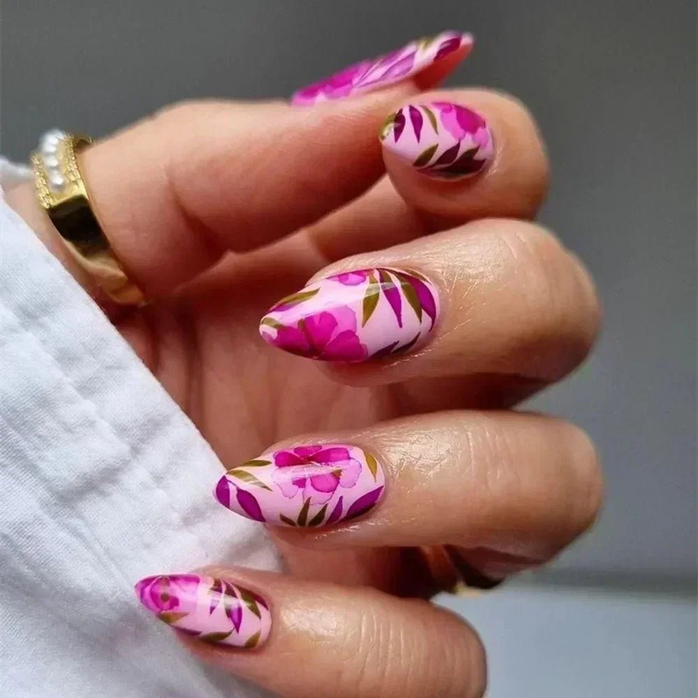 24Pcs Short Round Head Almond Fake Nails with Flowers Grass Pattern Wearable False Nails Tips Summer Full Cover Press on Nails - Hands of Hope